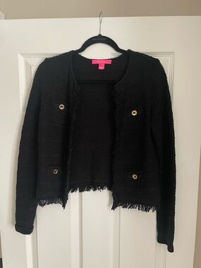 Lilly Pulitzer Black Fringed Bouclé Blazer with Gold Buttons